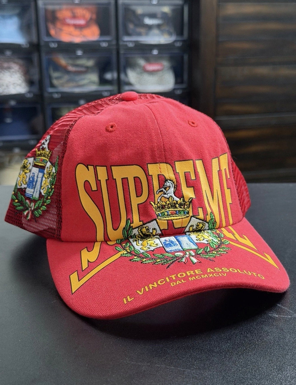 Supreme Vincitore Assoluto Crest Mesh Trucker Hat — NWOT
