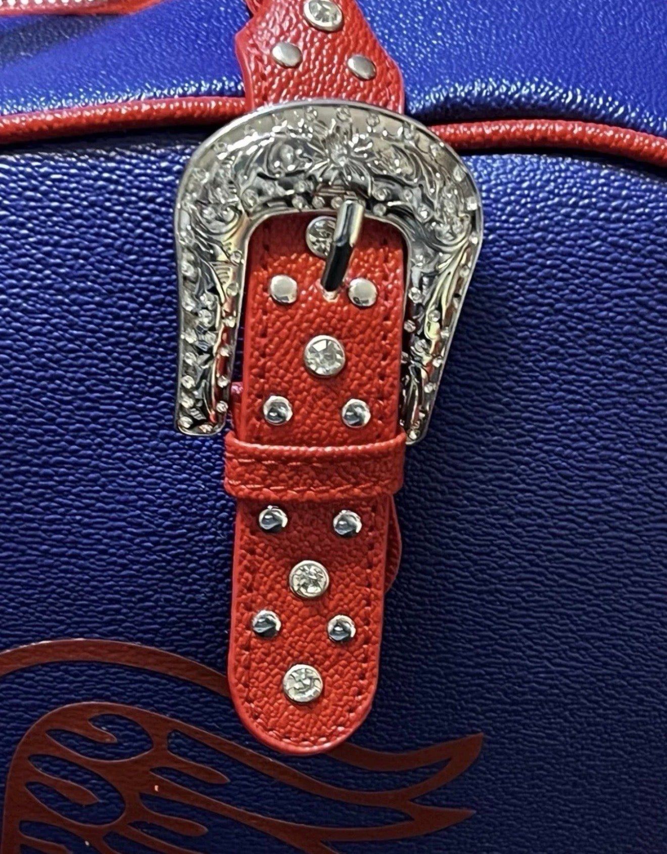 Von Dutch Originals Blue & Red Rhinestone Buckle Bag — NWT