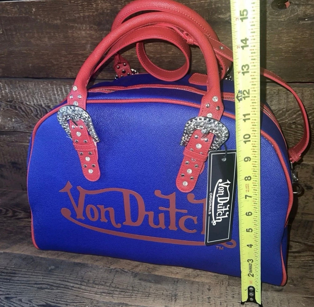 Von Dutch Originals Blue & Red Rhinestone Buckle Bag — NWT