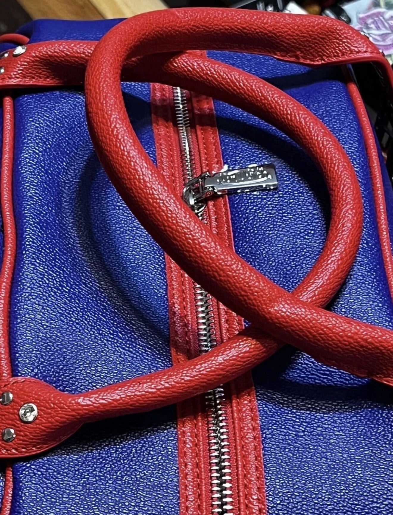 Von Dutch Originals Blue & Red Rhinestone Buckle Bag — NWT