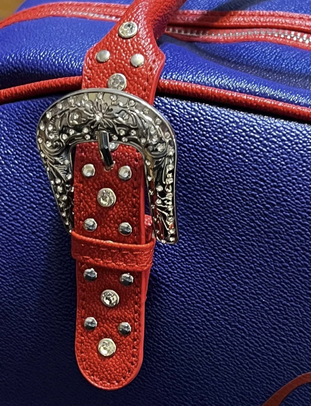 Von Dutch Originals Blue & Red Rhinestone Buckle Bag — NWT