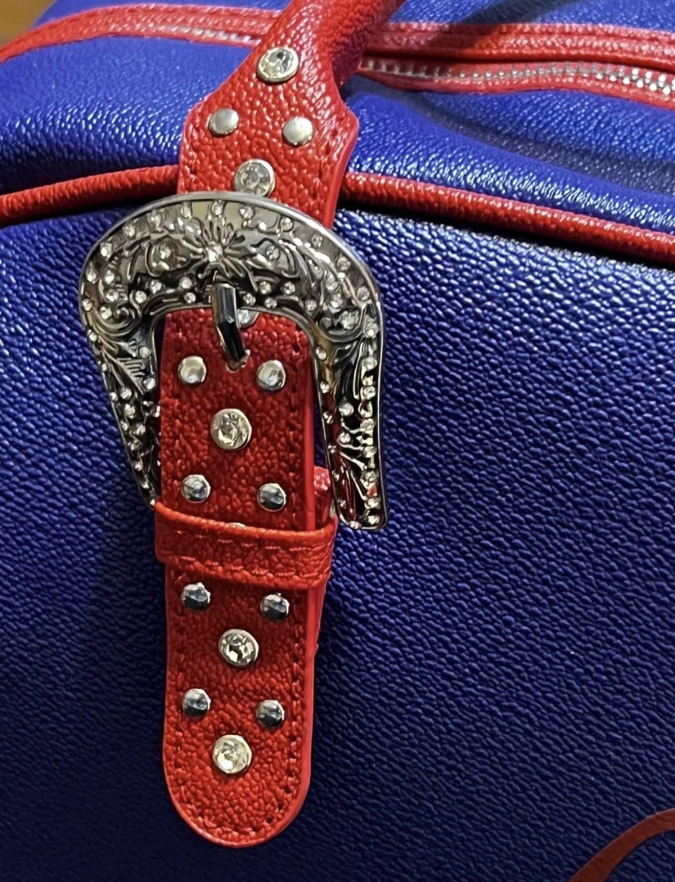Von Dutch Originals Blue & Red Rhinestone Buckle Bag — NWT