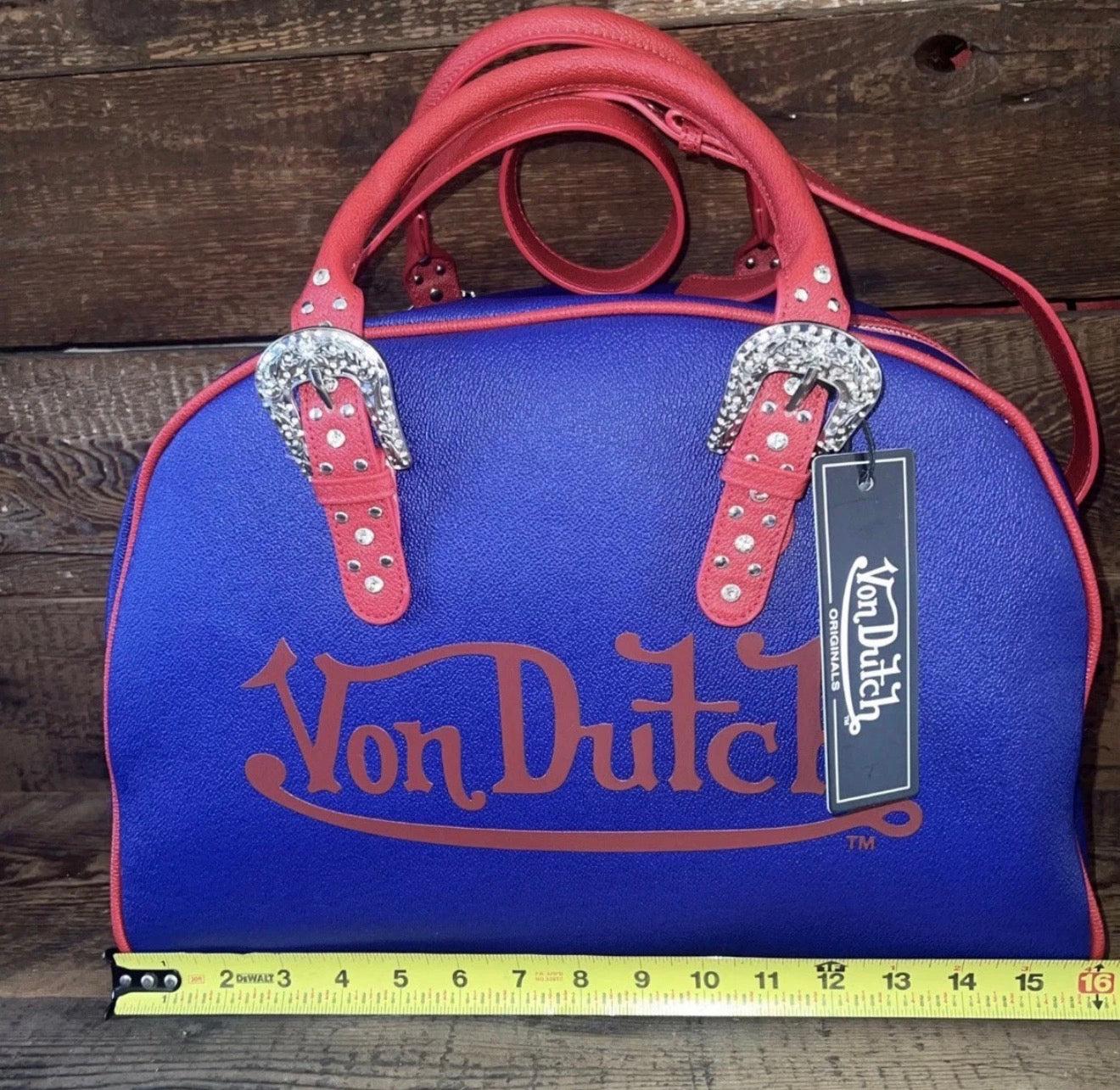 Von Dutch Originals Blue & Red Rhinestone Buckle Bag — NWT