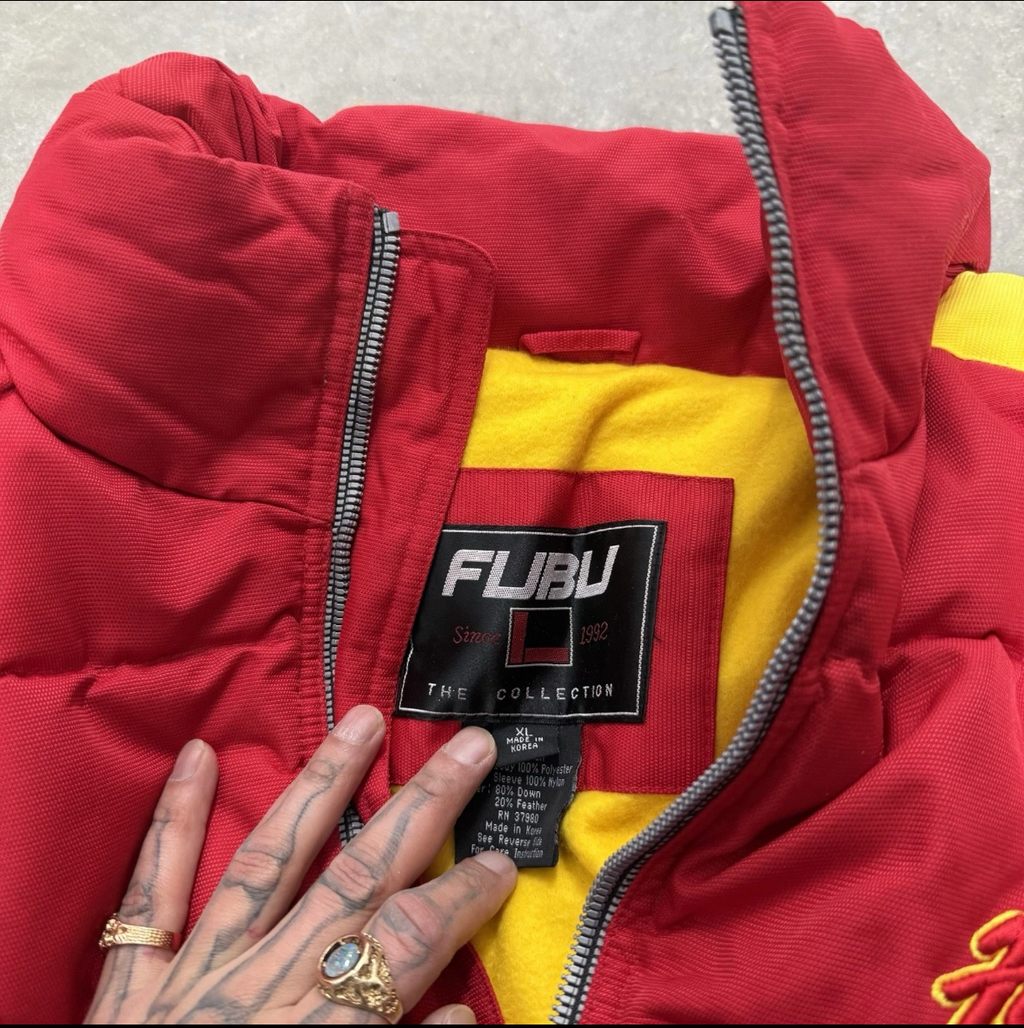 Vintage FUBU Division Storm Puffer Jacket Red Yellow — XL Deadstock/NWT
