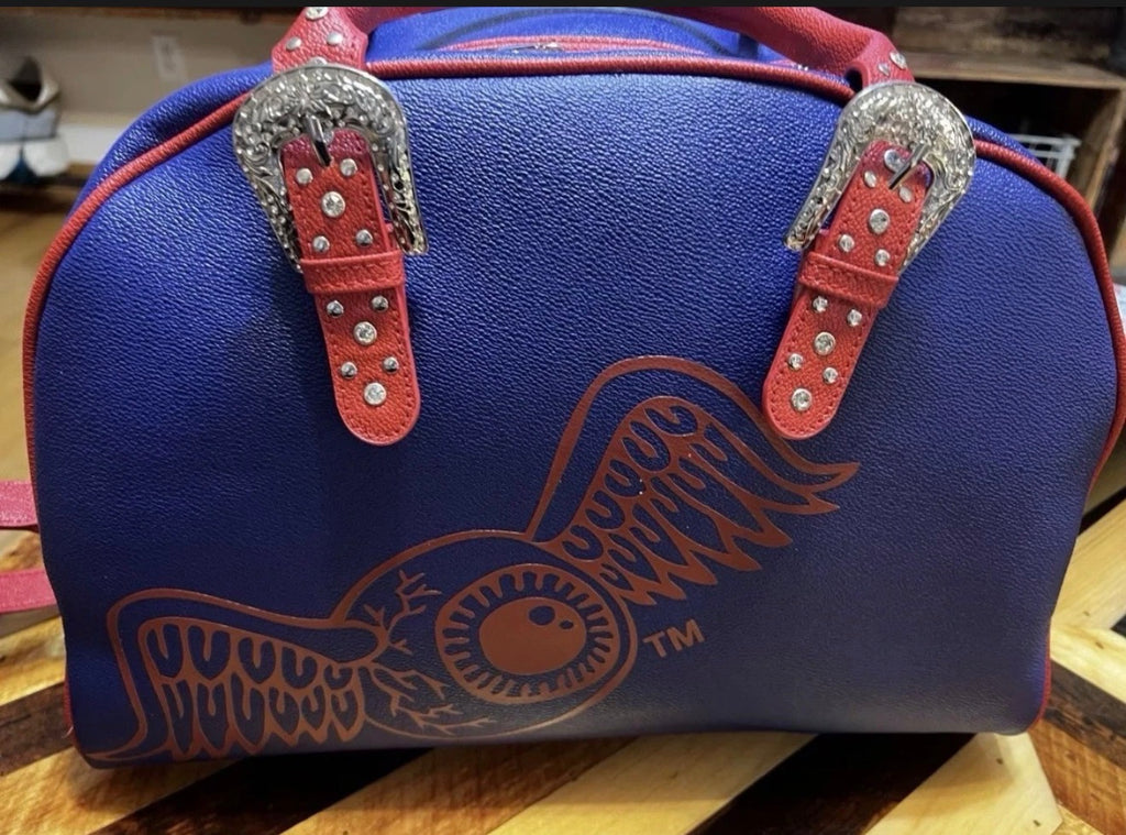 Von Dutch Originals Blue & Red Rhinestone Buckle Bag — NWT