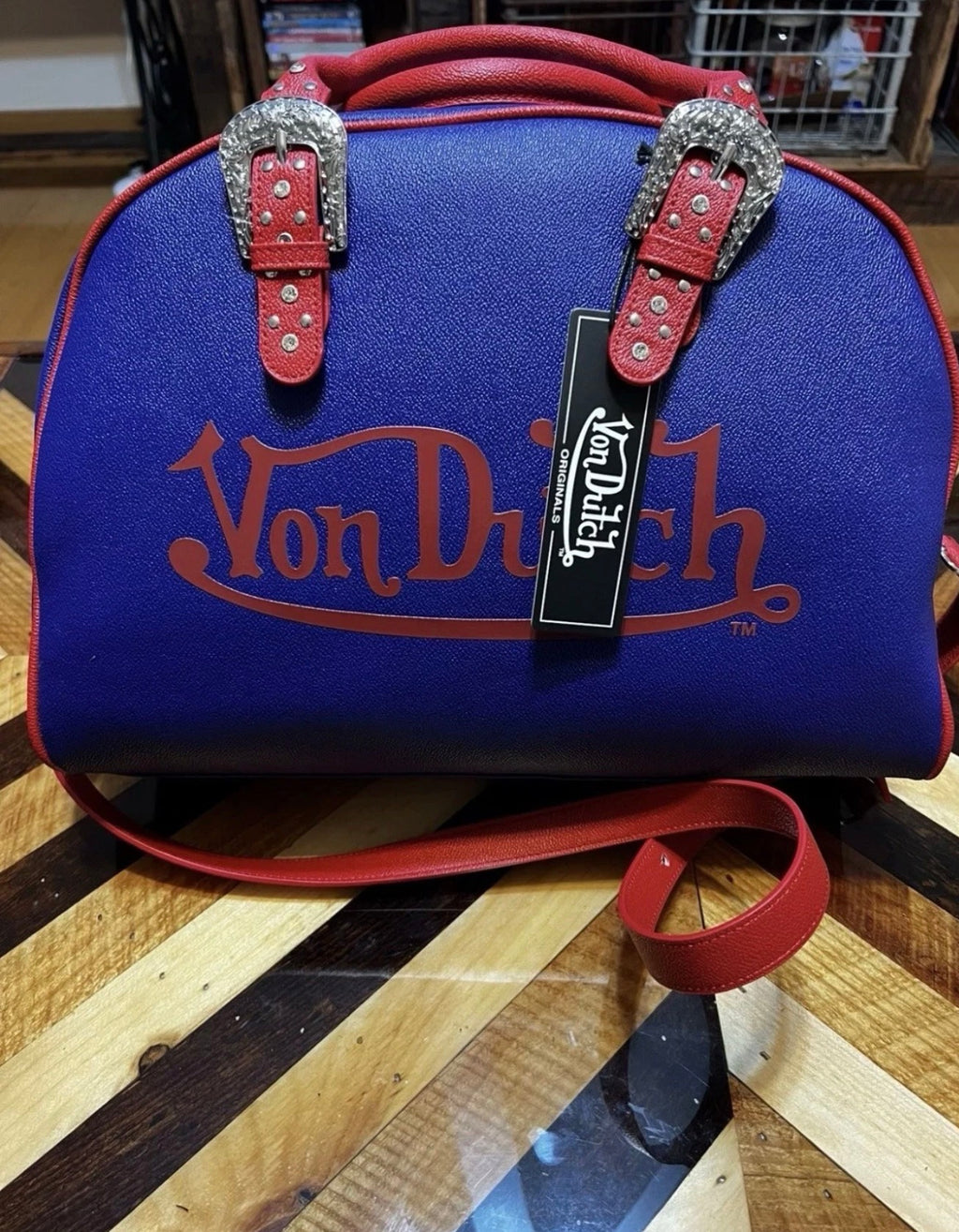 Von Dutch Originals Blue & Red Rhinestone Buckle Bag — NWT