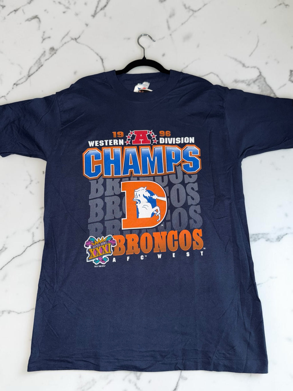 DRIPPING IN VINTY navy blue 1996 Denver Broncos Western Division Champions graphic t-shirt with Super Bowl XXXI logo