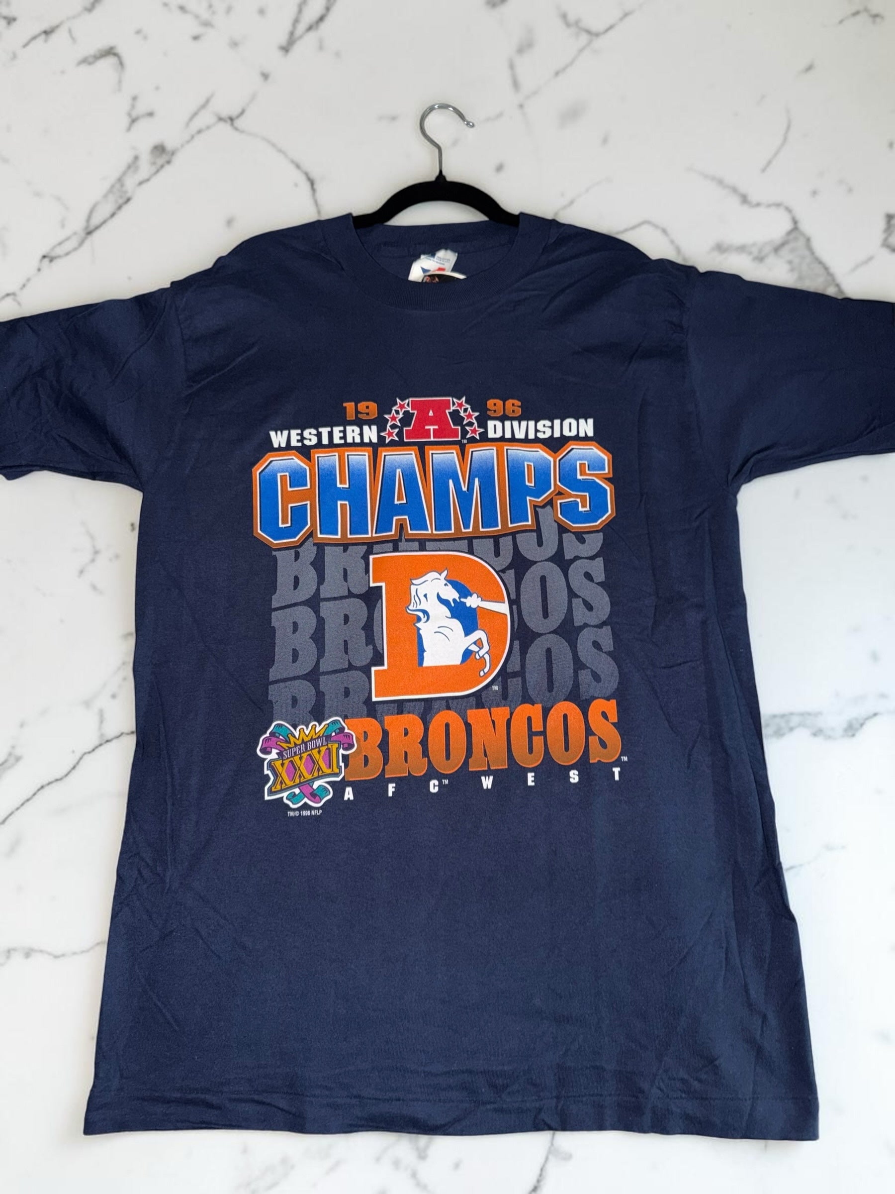 DRIPPING IN VINTY navy blue 1996 Denver Broncos Western Division Champions graphic t-shirt with Super Bowl XXXI logo
