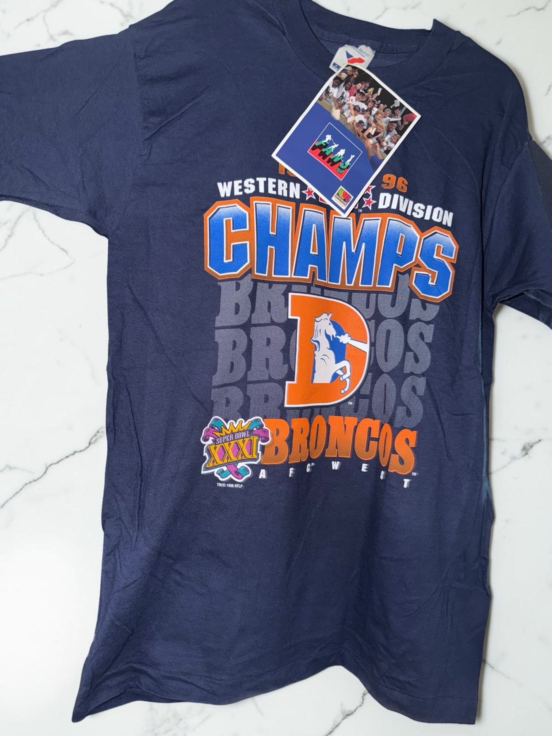 DRIPPING IN VINTY vintage 1996 Denver Broncos navy blue cotton t-shirt with Western Division Champions graphic print