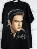 DRIPPING IN VINTY black cotton crewneck t-shirt featuring a detailed portrait of Elvis Presley and his signature