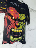 DRIPPING IN VINTY black short sleeve t-shirt featuring a large, high-contrast red and green Hulk graphic print.